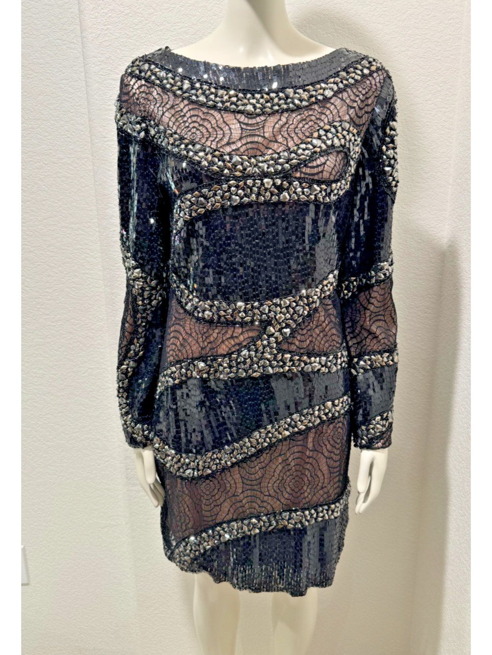 Jovani Black Beaded Embroidered Dress Cocktail Formal Illusion Lace Sz S